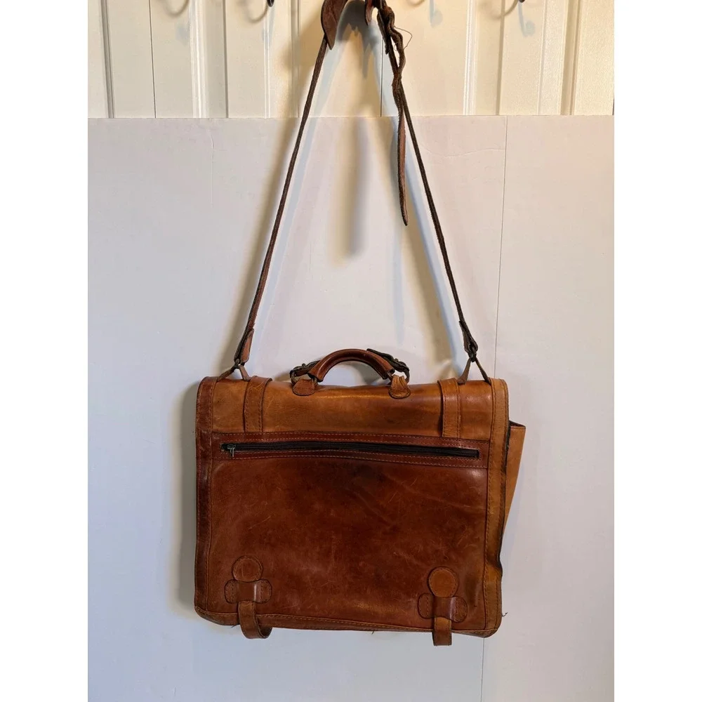 Leon Yamamoto Vintage Tan Leather Satchel Messenger Bag Mens Brown /Red Plaid